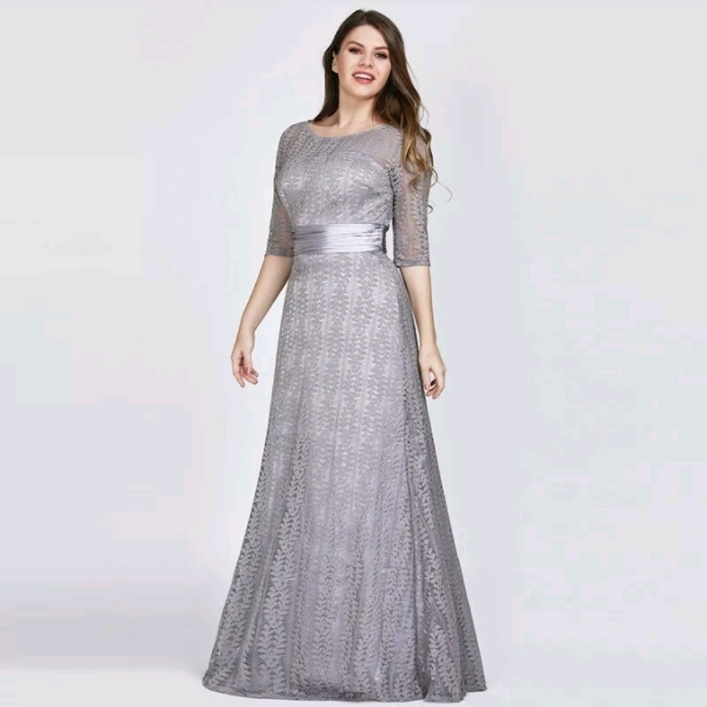 Gray lace evening gown
